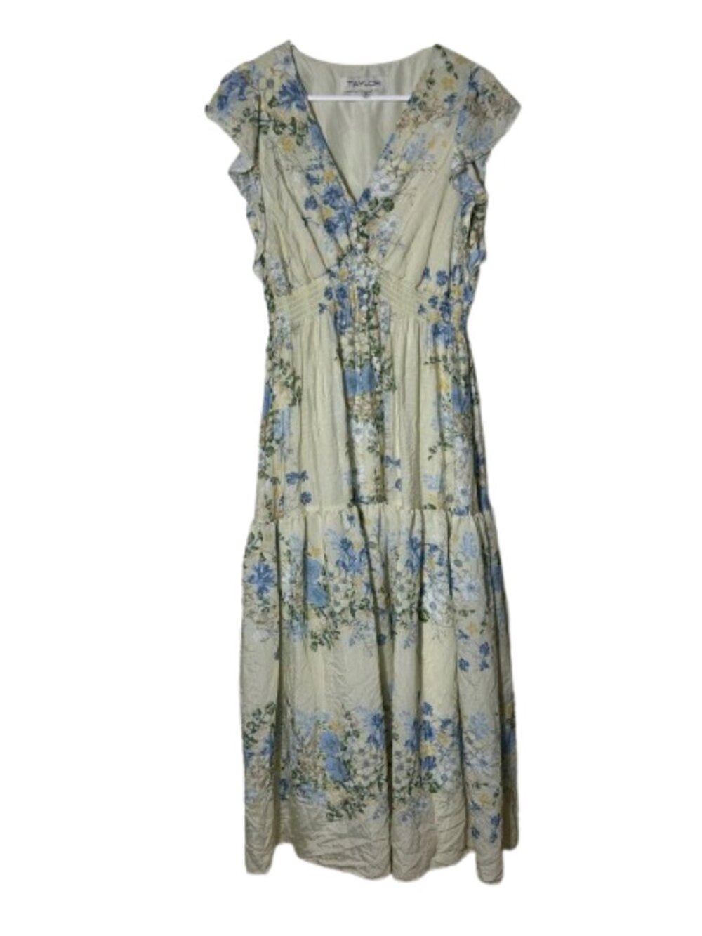 Taylor yellow blue floral crinkle tiered maxi dress womens 8